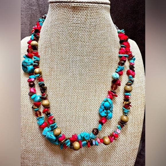 NECKLACE Multi Gemstone Howlite, Tigers Eye, Red Coral, Double Strand 9’ 4106!W - Picture 1 of 10